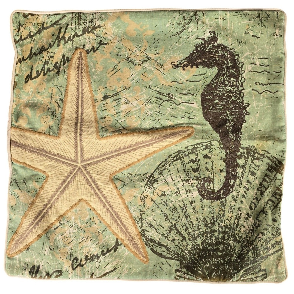 Safavieh‎ Coastal Starfish Seahorse Throw Pillow Cover Green Beach House 20x20
